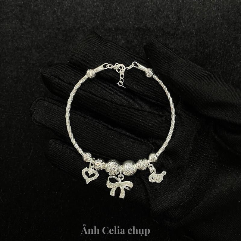 Vòng tay cứng bạc S925 mix charm nơ, thiên nga sang trọng  Celia Jewelry