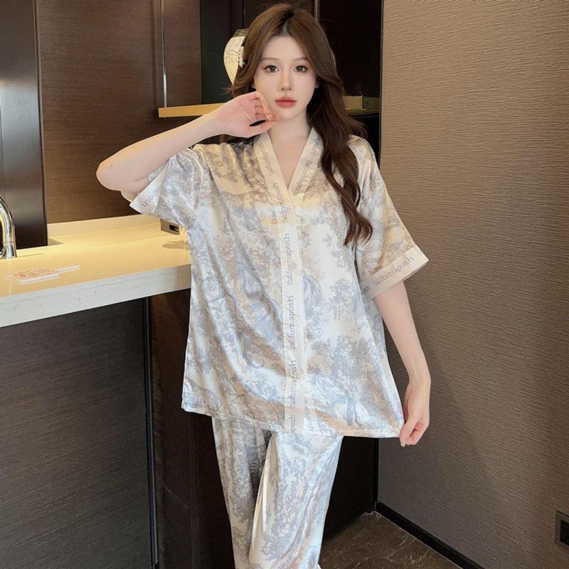 Bộ Đồ Ngủ Pijama Cao Cấp, Phong Cách Pháp, Quần Dài Ngắn Tay, Chất Liệu Lụa Lạnh Dành Cho Nữ, Thích Hợp Mặc Nhà, [Thanh Toán Khi Nhận Hàng] 4