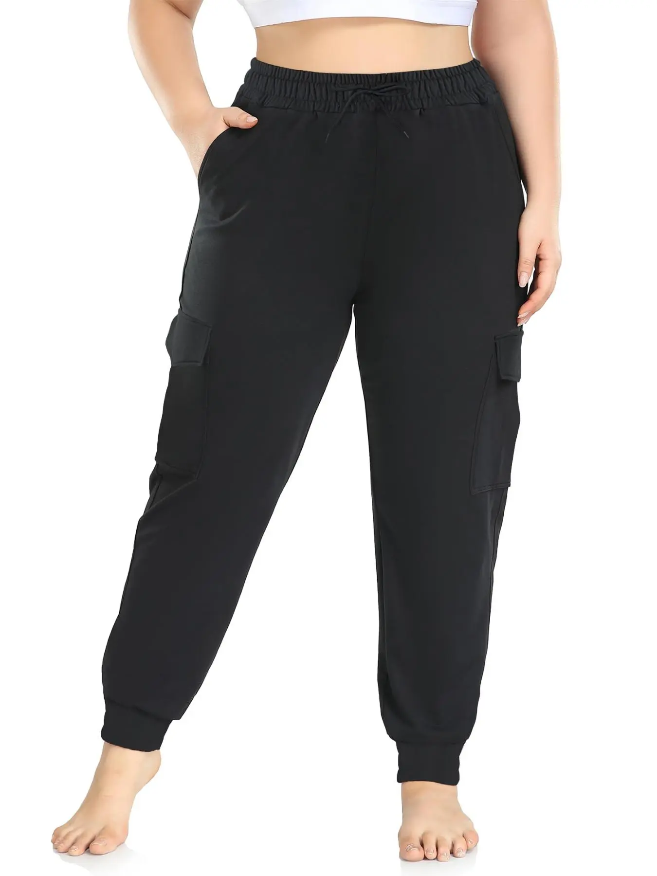 【Plus Size】 Solid Drawstring Waist Cargo Pants, Comfy Casual Pocket Trousers for Women, Women's Bottoms for Fall & Winter, Trousers for Women