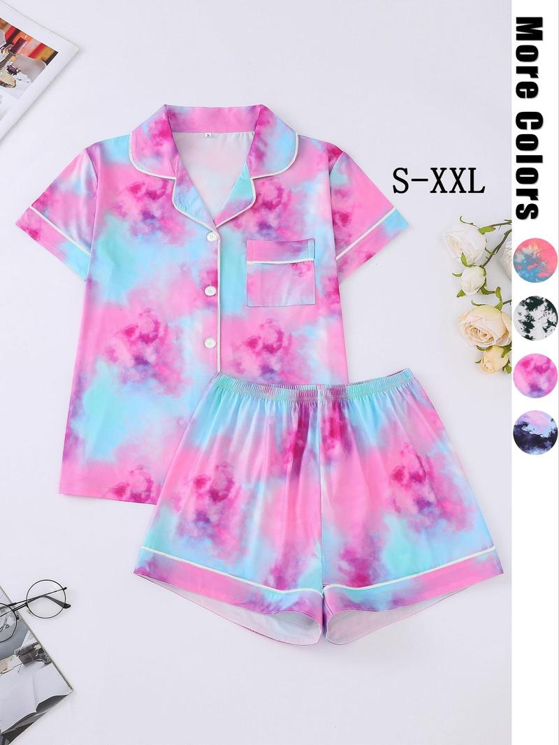 Product Introduction of Women's Tie Dye Print Lapel Shirt & Elastic Waist Shorts Pyjama Set, Casual Button Front Short Sleeve Top & Shorts, Pajamas, Ladies Summer Sleepwear 12