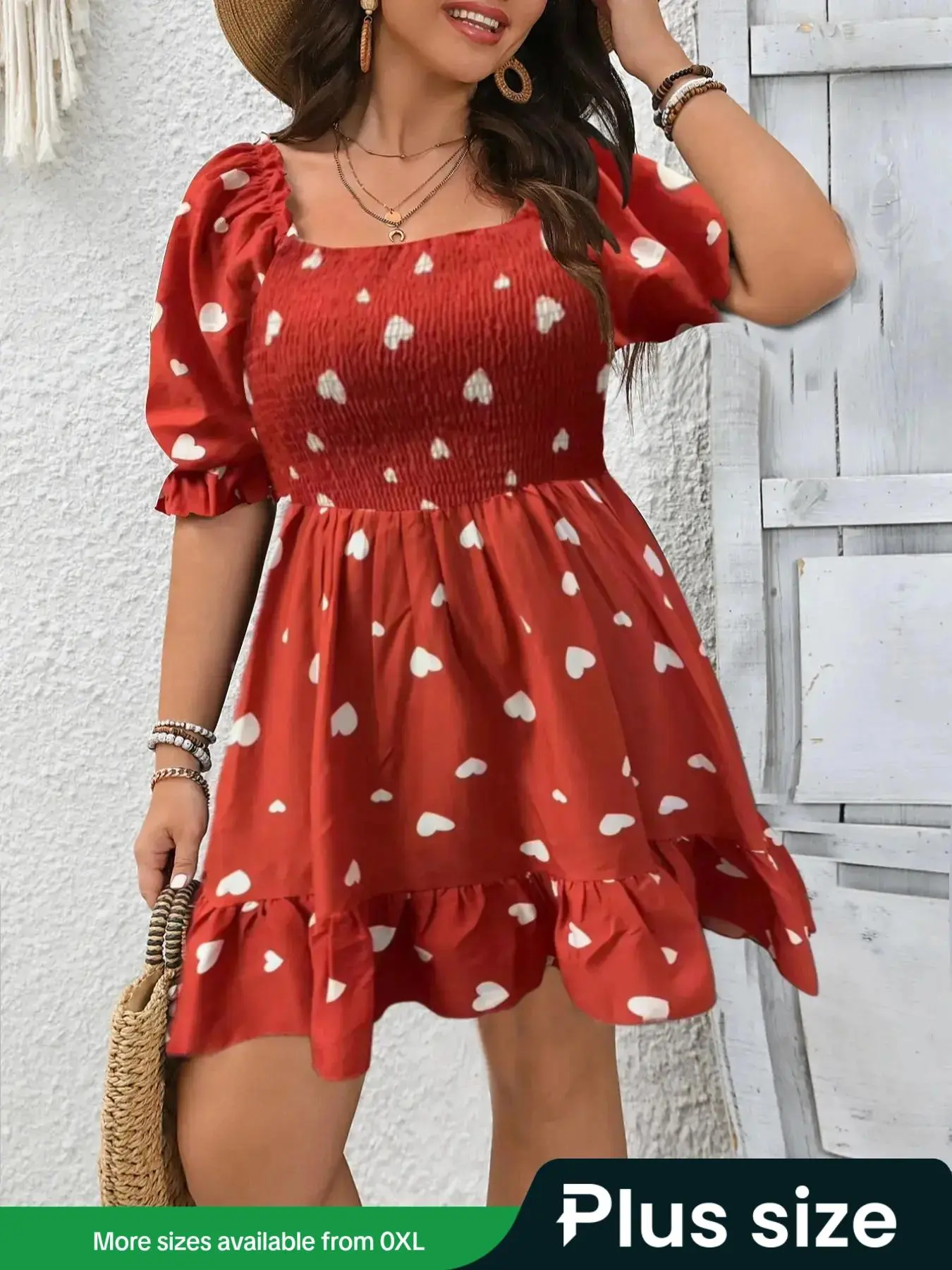 【Plus Size】 Heart Print Bubble Sleeve Dress, Casual Ruffle Trim Dress for Summer, Women's Plus Clothing for Daily Wear