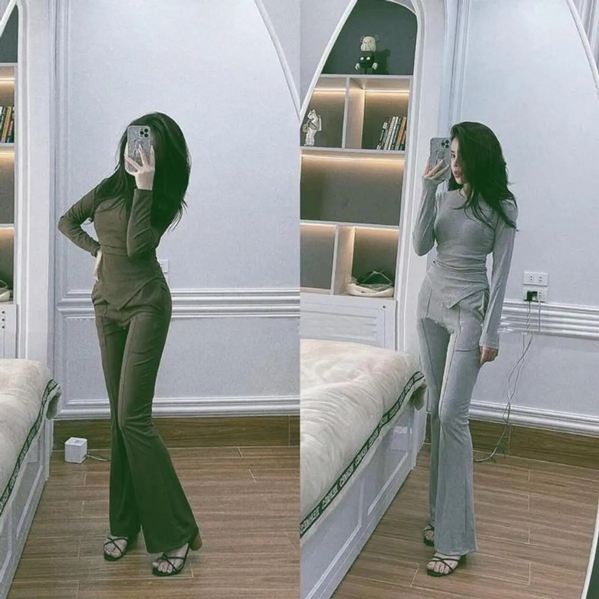 Set tăm lạnh ống loe tay dài tà chéo tôn dáng