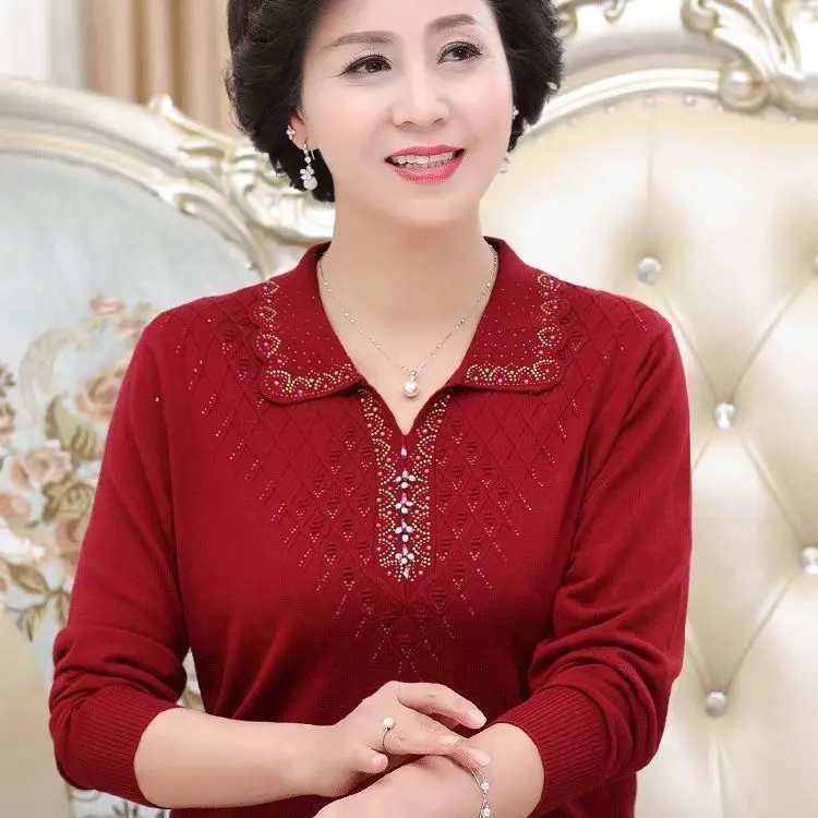 Áo Len Dài Tay, Dáng Rộng Vừa Vặn, Ve Áo, Cơ Sở, Dành Cho Quần Áo Nữ Mùa Xuân Và Mùa Thu Mới, Màu Trơn Dệt Kim, Thích Hợp Cho Mẹ TRUNG NIÊN, Áo Trên 3