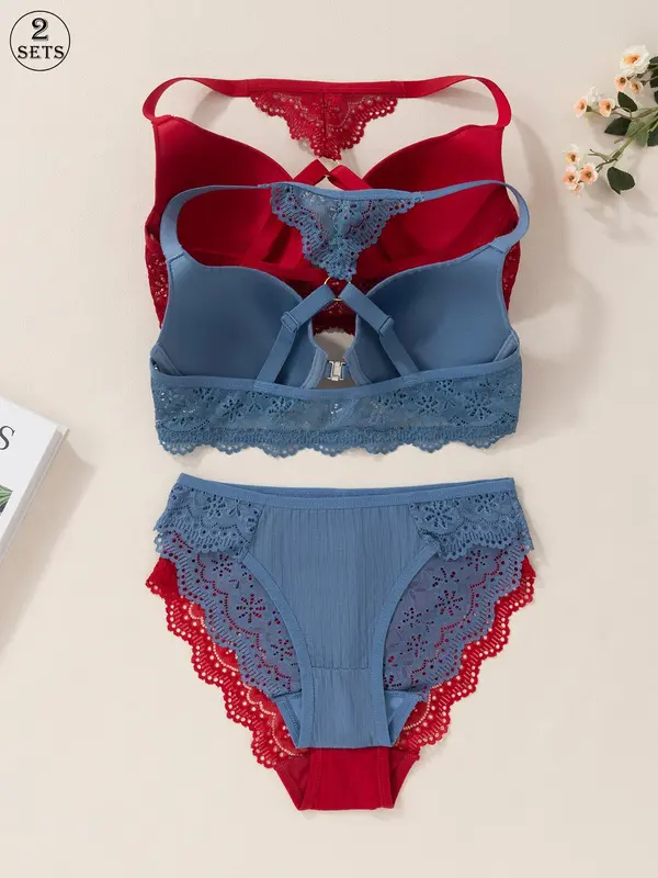 Women's Solid Color Lace Bra & Panty Two-Piece Set, Adjustable Strap Push Up Bra & High Waist Panty, Lingerie Set for Women 1