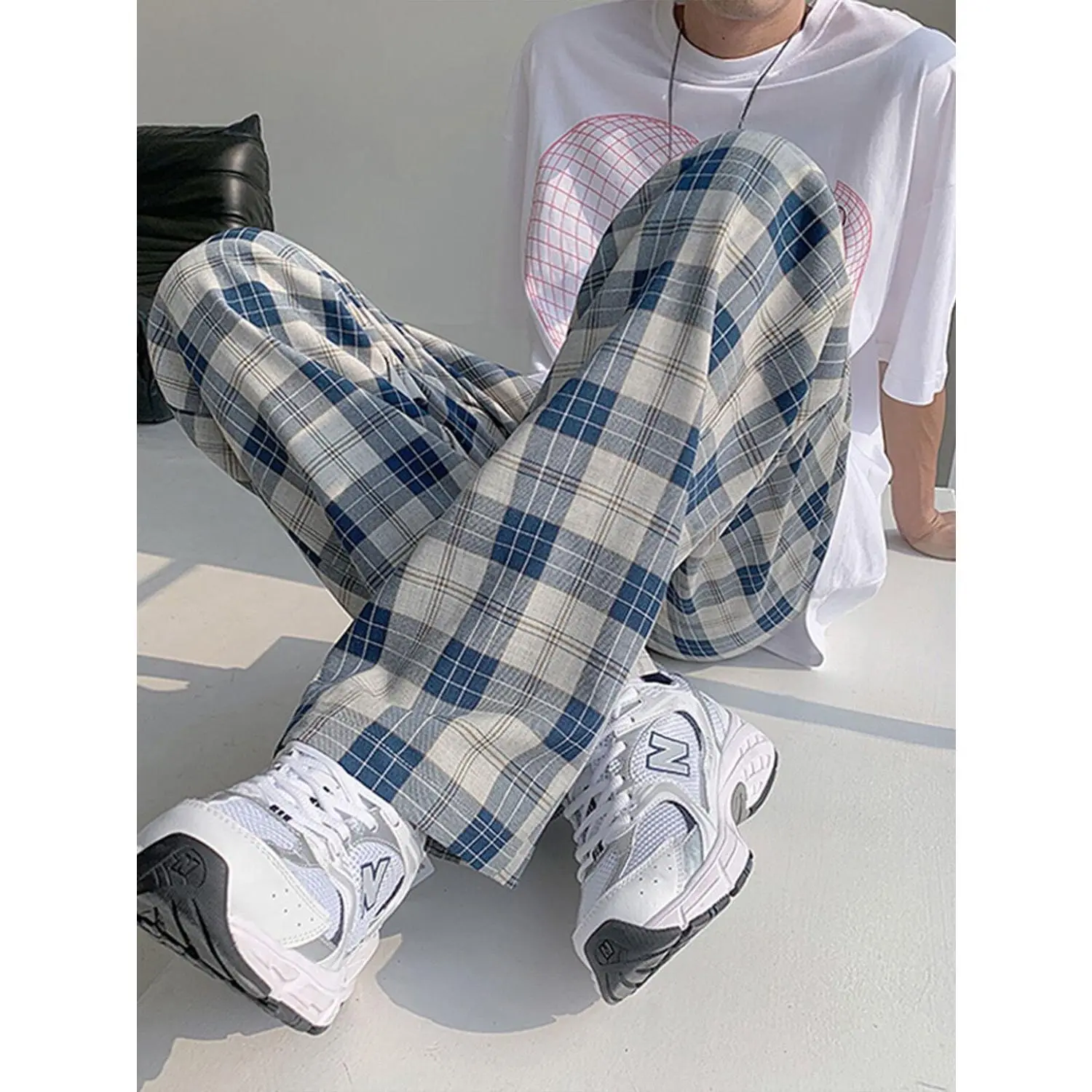 South Korea Spring and Spring Retro Blue Plaid Pants Women's High Waist Casual Pants Loose Slim Small Straight-Leg Wide-Leg Pants