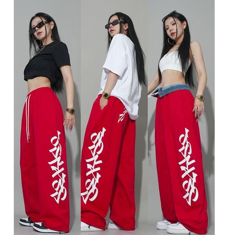 Quần Thể Thao Hip Hop, Màu Đỏ, Dây Rút Phong Cách Mới, Dáng Rộng Vừa Vặn, Thích Hợp Để Khiêu Vũ Và Thể Thao, Quần Nỉ Thường Ngày Thiết Kế Tuyệt Vời, Phong Cách Hip Hop 0