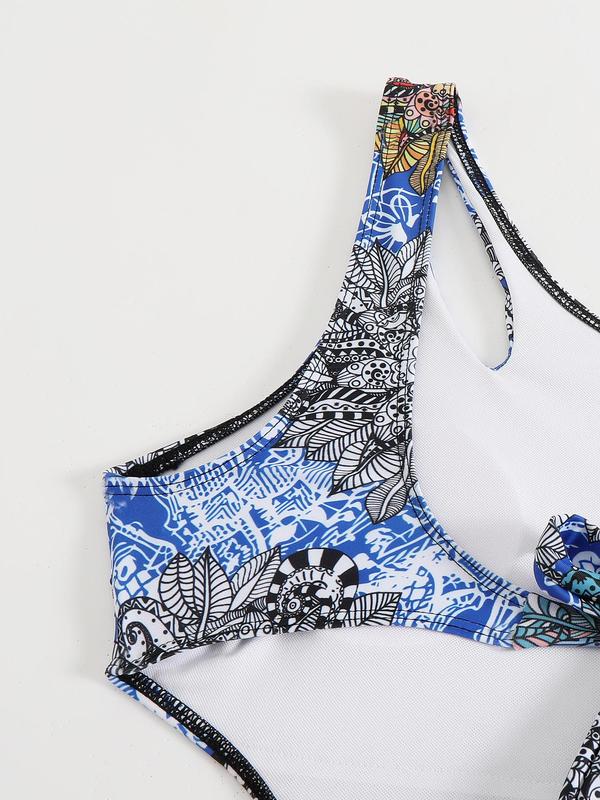 Women's Floral Print One Shoulder Tie Back Cut Out One-Piece Swimsuit, Boho Fashion Casual Swimwear for Beach Holiday Vacation, Ladies Swimsuit for All Seasons 5