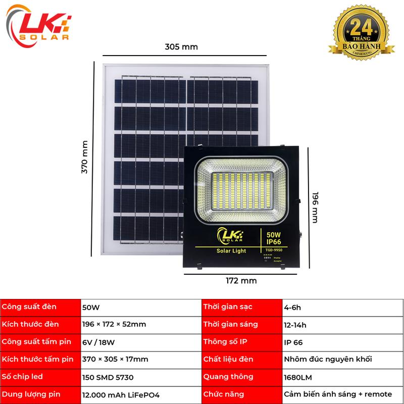 Product Introduction of [CHÍNH HÃNG] Đèn Led Năng Lượng Mặt Trời Siêu Sáng 50W - LK SOLAR TGD-9950 BẢO HÀNH 2 NĂM, Sử dụng 100% năng lượng mặt trời, dễ dàng lắp đặt ngoài sân vườn, trong nhà, nhà xưởng, trang trại, cảm biến ánh sáng, có remote điều khiển từ xa 9