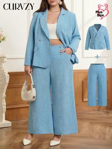 CURVZY Plus Size Two-Piece Set Solid Lapel Neck Blazer & Pocket Wide Leg Pants Set, Long Sleeve Outerwear & Straight Leg Trousers, Women's Spring & Fall Outfits