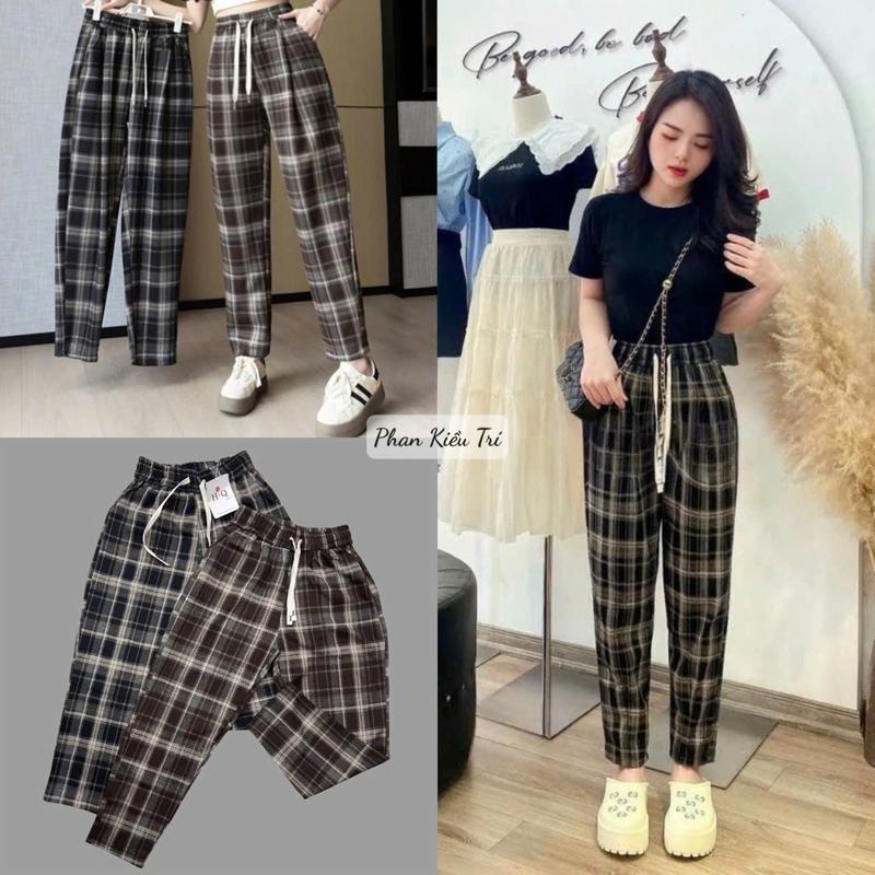  Quần Baggy Nữ Kẻ Sọc Caro Chất Dạ Umi Cao Cấp Co Giãn 4 Chiều 2 Màu Đen Nâu Chất Vải Mềm Dày Dặn Loại 1 sịn sò - Women Pants quầnnỉ 