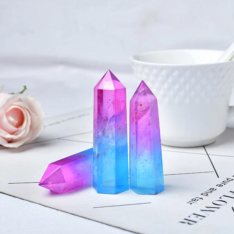 Product Introduction of Natural Aura Clear Quartz Purple and Blue Crystal Point Electroplating Wand Healing Stone Energy Quartz Reiki Tower Gifts 10
