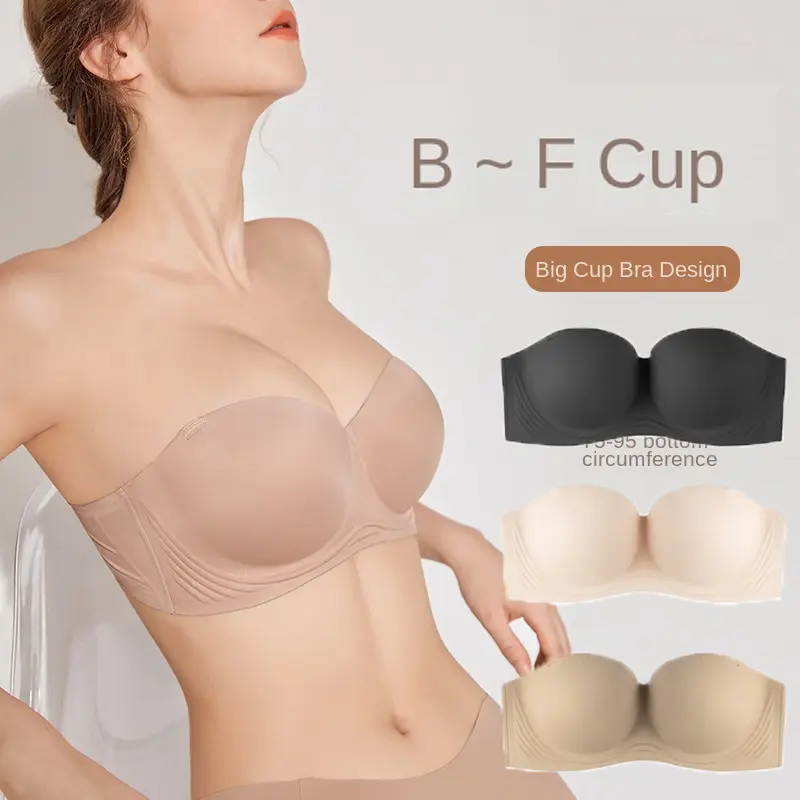 Big Chest Big Fat Bra Push up plus Size Strapless Underwear Women's Busty Gathering Non-Slip Invisible Tube Top Wrapped Chest Backless Back-Beautifying Bra Non-Slip