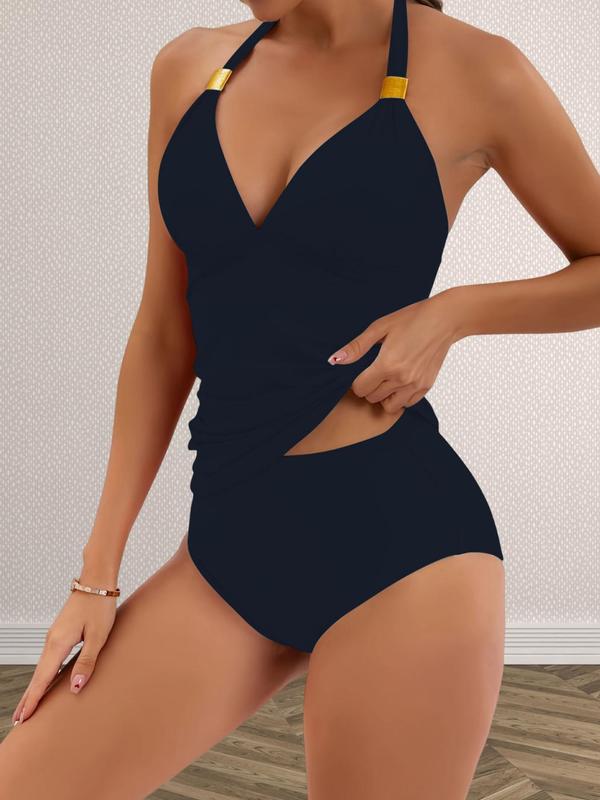Women's Solid Color Tankini Set, Removable Padded Swim Top & High Waist Swim Bottom, Ladies Swimsuit for Beach Holiday Vacation 6