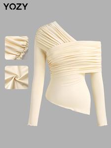 YOZY Women's Plain Ruched Asymmetrical Neck Tee, Elegant Long Sleeve T-Shirt for Spring & Fall, Ladies Clothes for Daily Wear