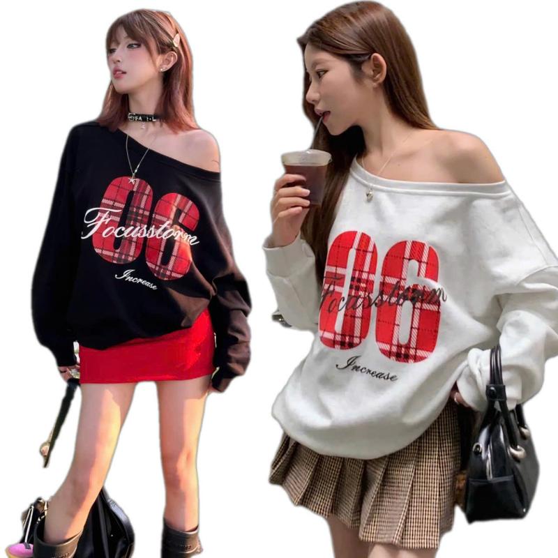 Áo nỉ swt  trễ vai hottrend thu đông 2024 cổ tay gấu bo dệt hình ép pet kẻ caro đỏ số 06 chất nỉ tàu dày dặn nữ top women Lịch Đen