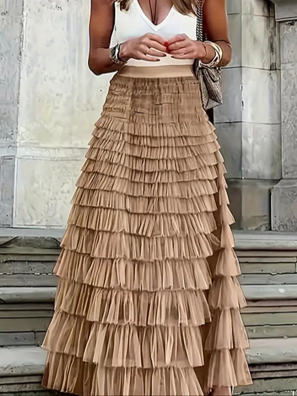 Women's Plain Ruffle Hem Tiered Layer Skirt, Elegant High Waist Long Skirt for Vacation Holiday Party, Ladies Bottoms for All Seasons,  Skirt 4