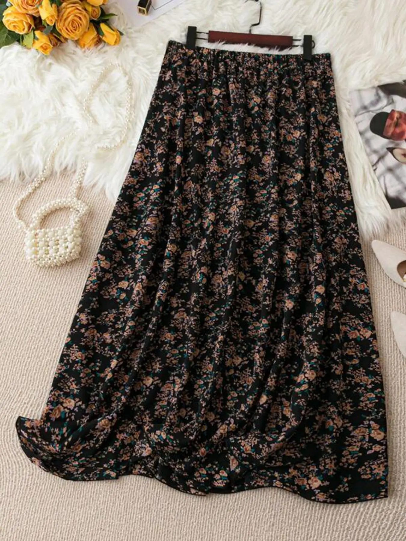 【Plus Size】 Plus Ditsy Floral Print Elastic Waist Flared Skirt, Boho High Waist Long A-Line Skirt for Holiday Vacation, Women's Bottoms for Spring & Fall