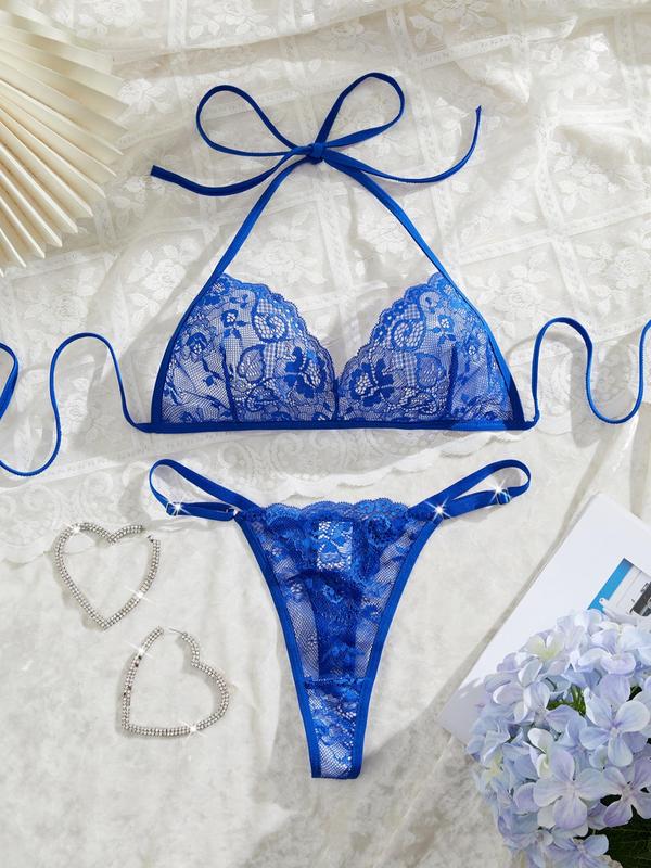 Women's Solid Color Floral Lace Underwear Set, Sexy Comfy Breathable Halter Neck Bra & Panty Set for Daily Wear, Women's Underwear Set for All Seasons 2