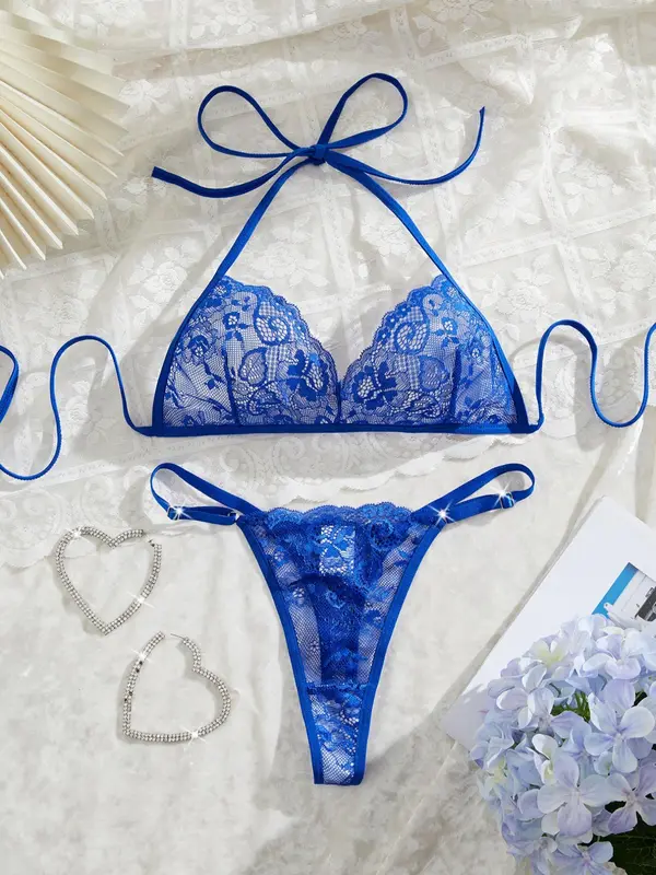 Women's Solid Color Floral Lace Underwear Set, Sexy Comfy Breathable Halter Neck Bra & Panty Set for Daily Wear, Women's Underwear Set for All Seasons 2
