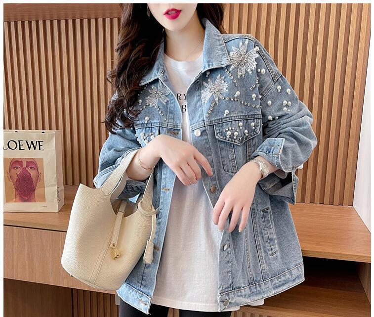Product Introduction of 2024 Spring and Autumn New Design Heavy Rhinestone Denim Jacket for Women with Turn-down Collar Loose Korean Style Versatile Jacket Top 6