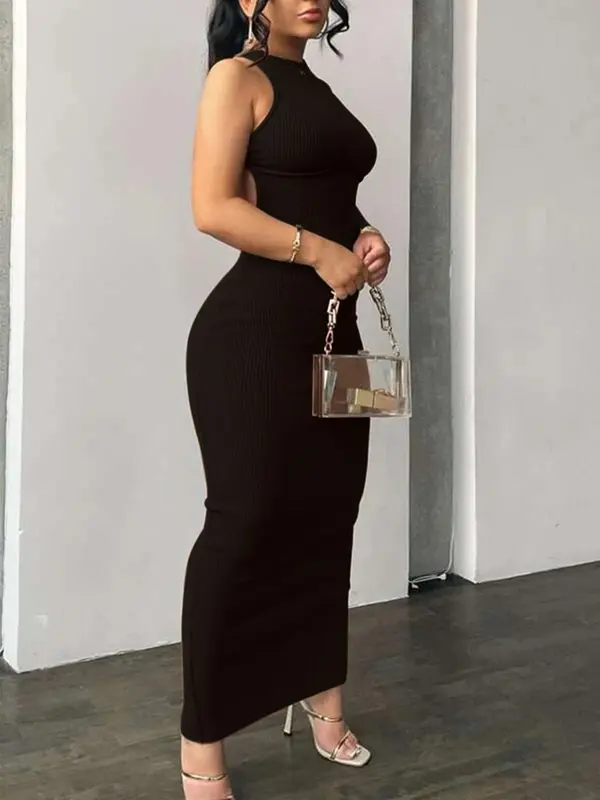 Women's Plain Criss Cross Backless Split Bodycon Dress, Elegant Casual Round Neck Tank Dress, Women's Summer Clothes for Party Daily Wear, Summer Dresses 2025, Clothing, Womenswear 1