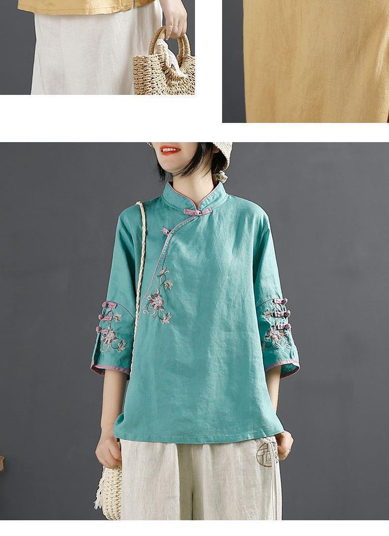 Product Introduction of Oemg2024 Summer New Chinese Style Retro Cotton and Linen Shirt Women's Chinese Style Stand-up Collar Frog Button Top Embroidered Cotton Tea Clothes 12