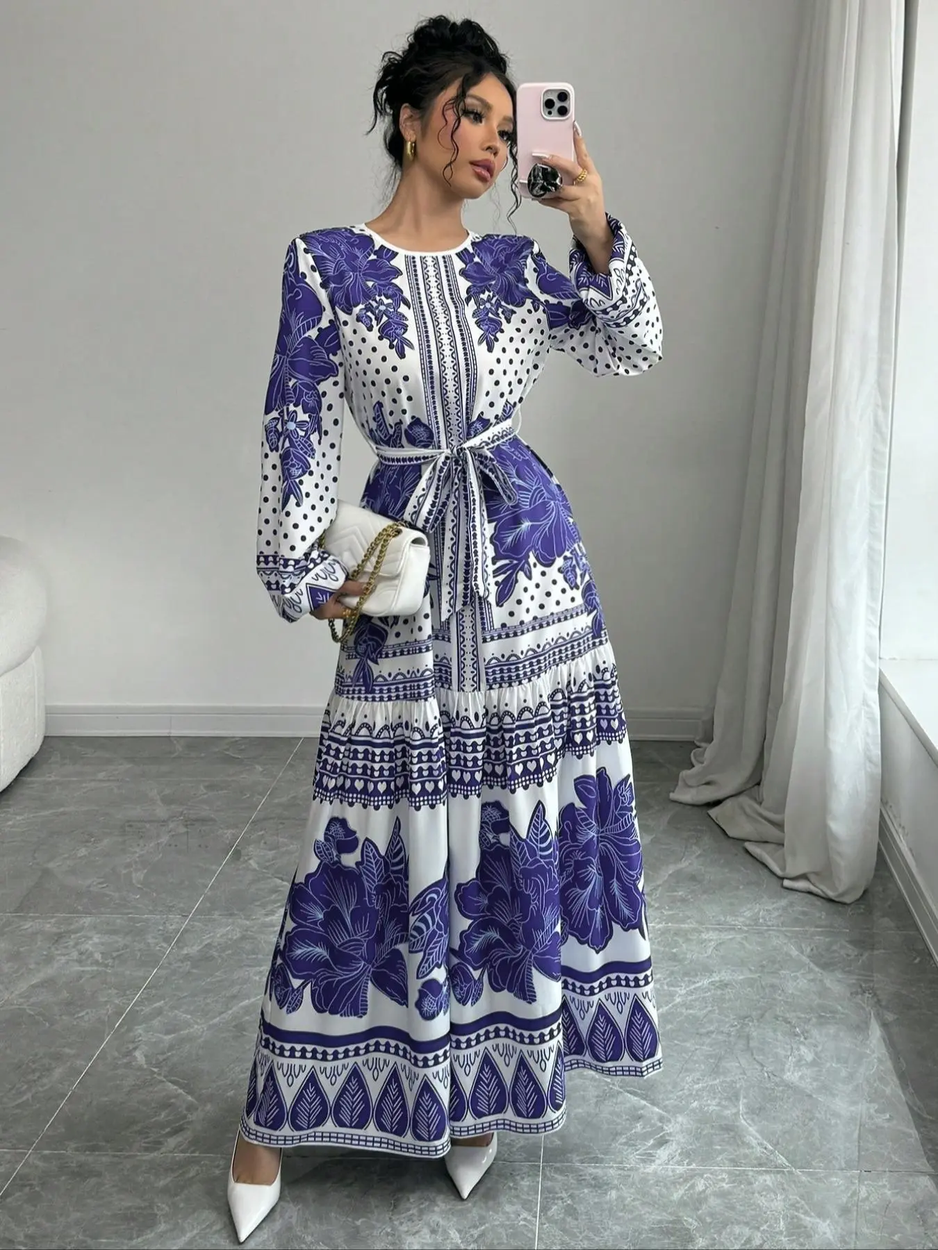 Women's Leaf Print Belted Wrap Dress, Casual Puff Sleeve Dress for Spring & Fall, Women's Clothing for Daily Wear