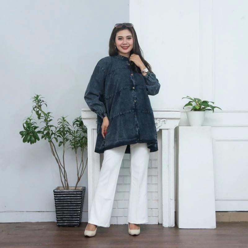 Product Introduction of Atasan Kemeja Jeans Babydoll Susun // Kemeja Wanita Babydoll Oversize Kekinian 3