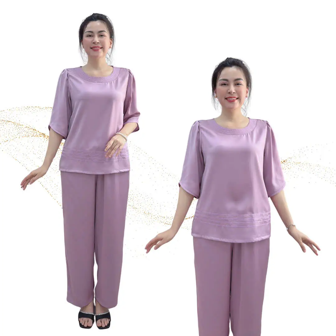 Y35 Đồ bộ trung niên lụa Ngọc trai cao cấp thiết kế thêu đơn giản sang quần dài tay ngắn cổ tròn dễ mặc, có size 40-80kg