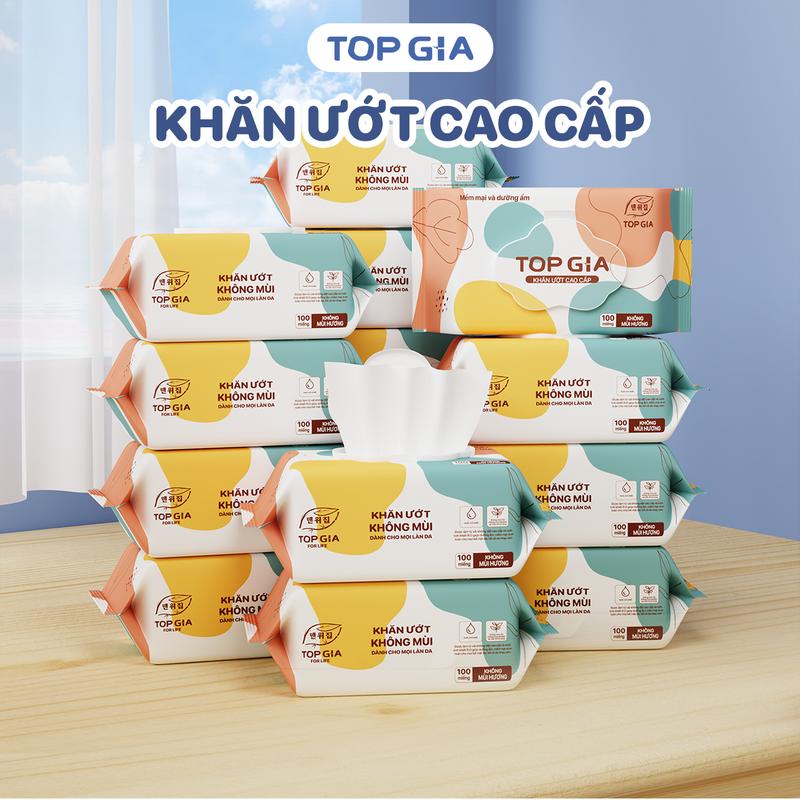 Combo 10 Bịch Khăn ướt cao cấp Topgia 100 tờ mềm mại, Khăn giấy ướt không mùi, lành tính, an toàn  mọi làn da Cho Bé