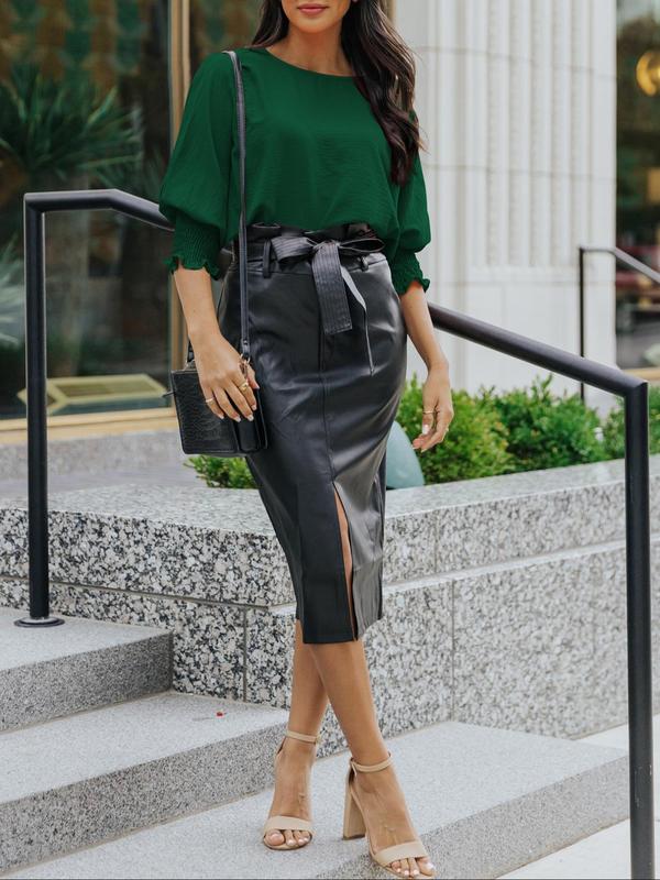 Women's Solid Shirred Batwing Sleeve Chiffon Blouse, Casual Round Neck Long Sleeve Top For Spring & Fall, Women's Clothes For Daily Wear 4
