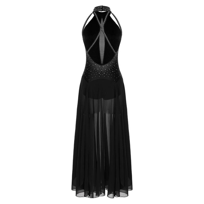 Jizyo Women Lyrical Dance Dress Halter Strappy Back Leotard Mesh Split Maxi Skirt Modern Dance Costume 3