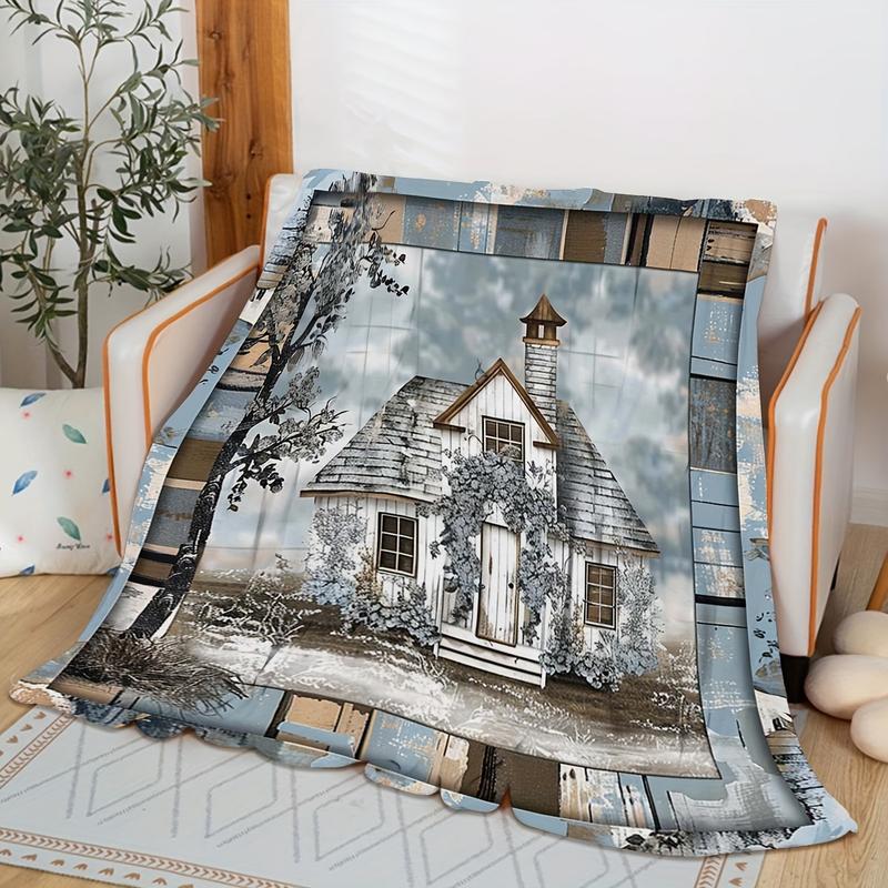 TikTok Shop 1pc Modern House And Floral Print Blanket Contemporary Style Blanket Outdoor Blanket Travel Camping Blanket Soft And Comfortable Blanket Travel Sofa Bed Office Home Decor Birthday Blanket ...