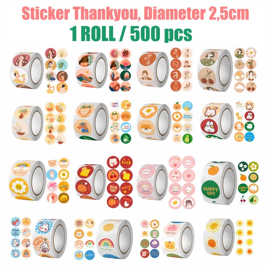 STIKER 500pcs Label Thankyou Cartoon Happyday Diameter 2,5cm ST001 Roll Sticker