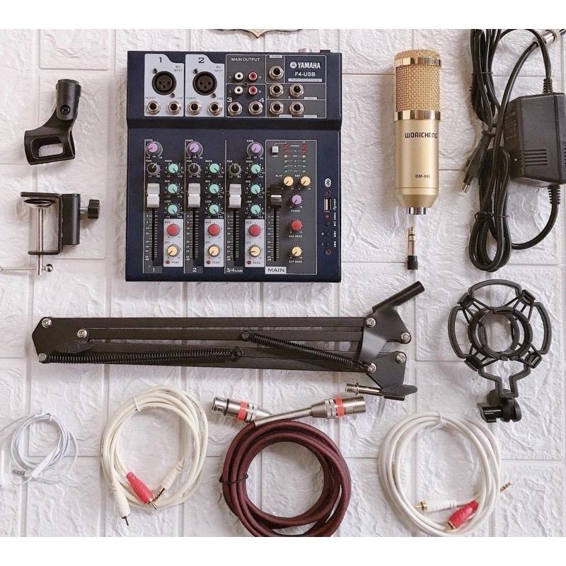 Bộ Mic woaichang BM900 và Mixer Yamaha F4 Bluetooth Hát karaoke online Thu âm đầy đủ dây kết nối tai nghe , kẹp mic , Bảo hành 1 năm