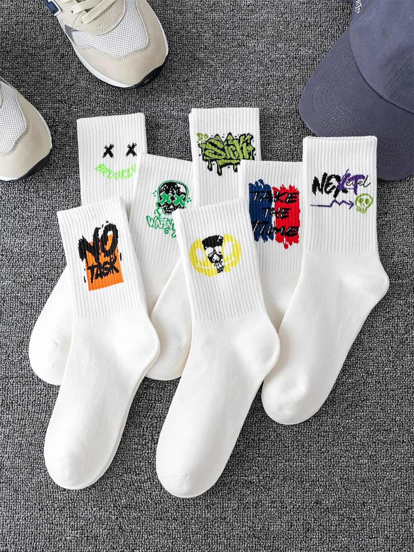 Men's 7 Pairs Cartoon & Letter Print Crew Socks, Multi-pack Casual Soft Comfortable Breathable Mid-Calf Socks For Daily Outdoor Sport, Men's Socks & Hosiery