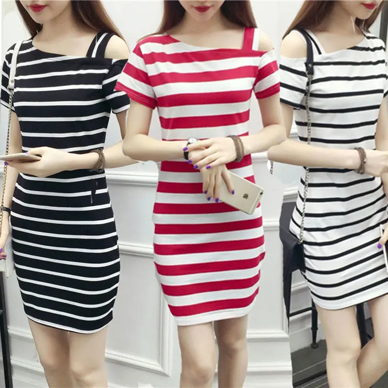 2020 Summer Short Sleeve Diagonal Shoulder Striped Dress Mid-Length Sheath Sexy off-Shoulder Base Shirt T-shirt Skirt Women
