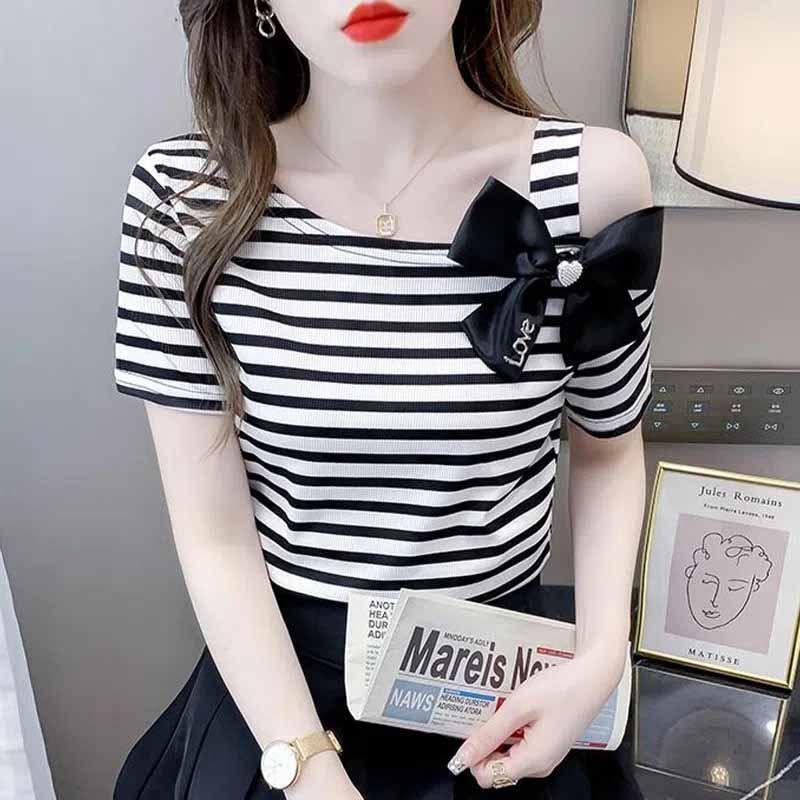 Áo Phông Ngắn Tay, Họa Tiết Sọc, Dành Cho Nữ, Phong Cách Phương Tây, Trông Trẻ Trung, Áo Sơ Mi Nhỏ Đẹp, Trễ Vai, Áo Sang Trọng, Thích Hợp Cho Mùa Hè 2025, Hàng Mới Về 1