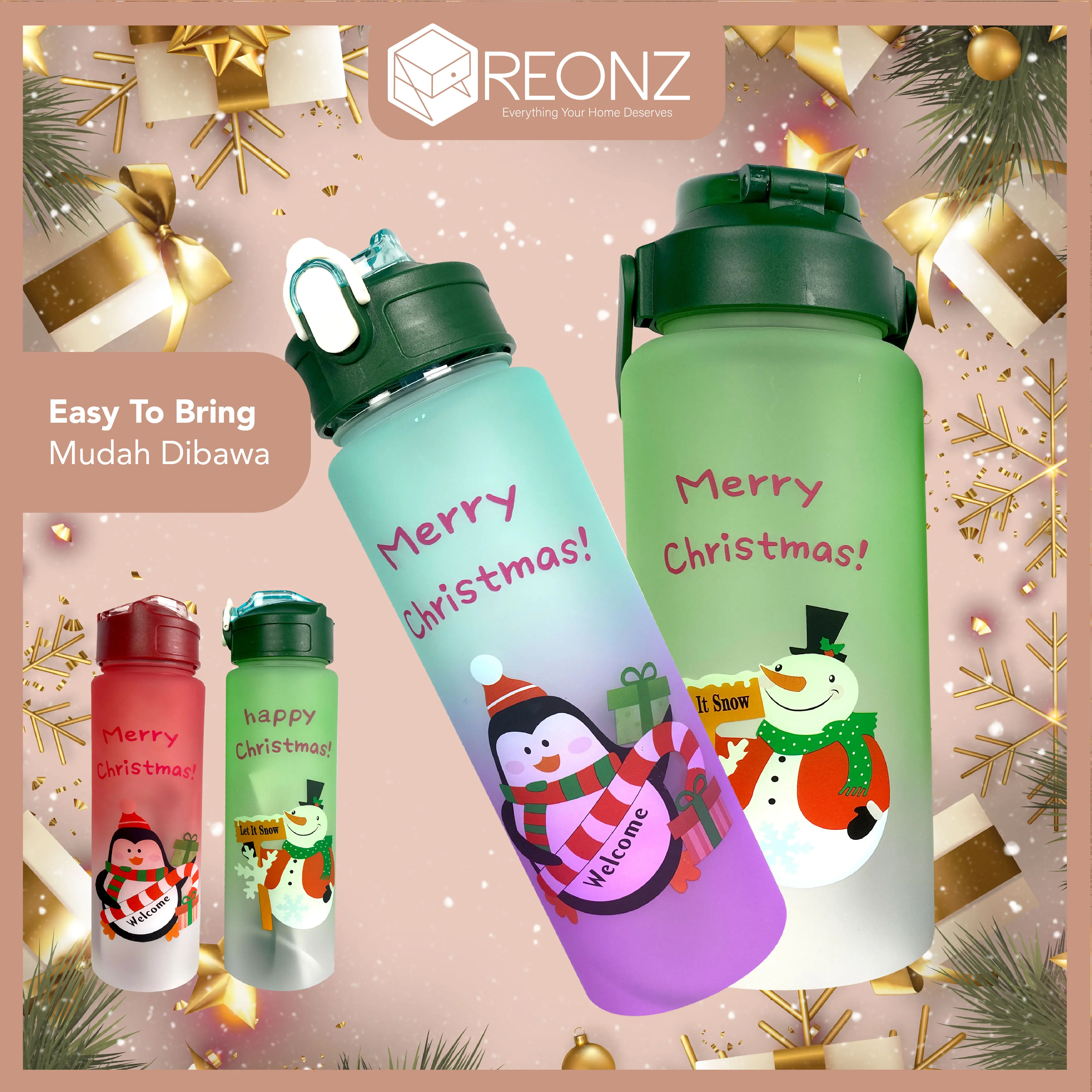 Reonz【Merry Christmas Gift】Buy 1 Free 1 Cute Water Bottle For Christmas Gift / Exchange Gift Free 3d & 2d Christmas Sticker
