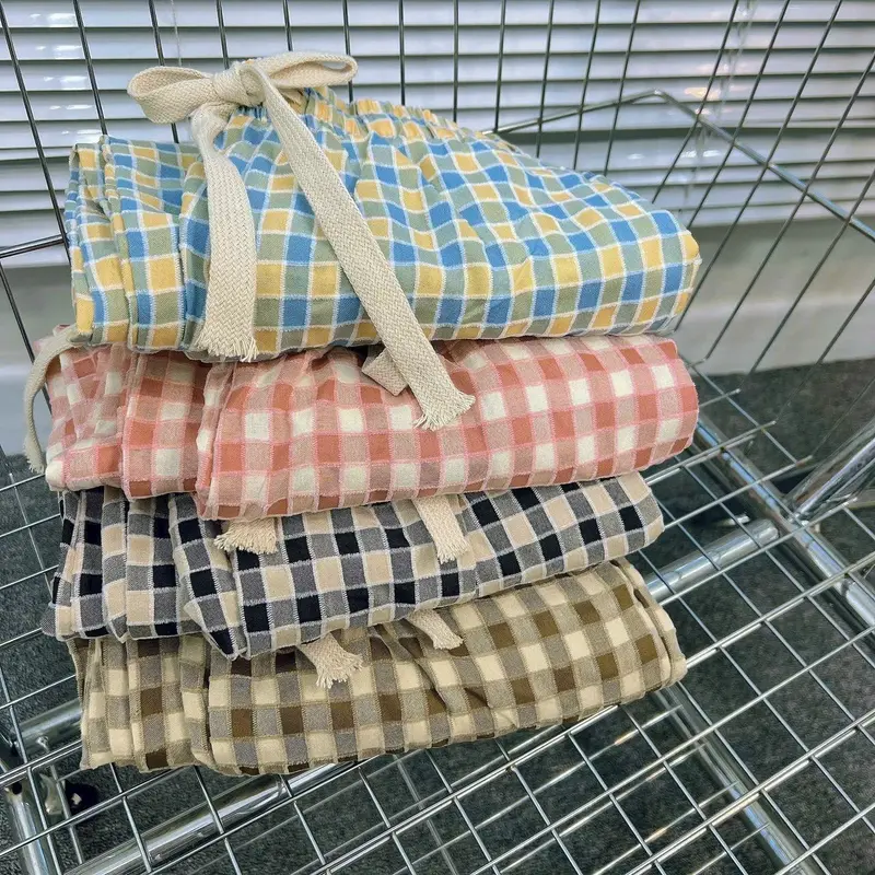 Quần Ống Rộng Nữ Kẻ Caro Chất Đũi Mềm Cạp Chun Dây Rút 684 Ong Pants 7