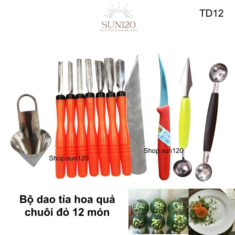 Bộ dao tỉa hoa quả chuyên nghiệp TD12 xoáy hoa cà rốt inox dụng cụ trang trí trái cây dao khắc dưa hấu