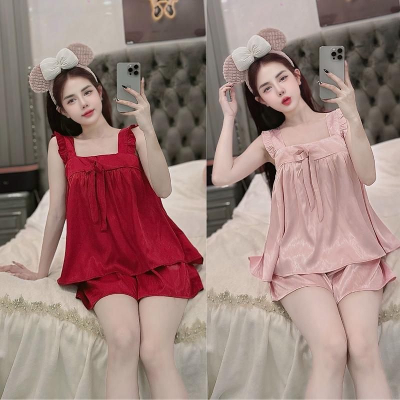 đồ ngủ lụa 2 dây dành cho nữ form rộng chuẩn dáng, áo tay cánh tiên quần đùi mặc nhà mùa hè mềm mát CARY Women Voi Voan ao  ngu bang lung 0