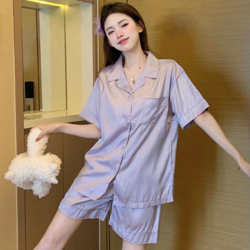Bộ Đồ Ngủ Lụa Lạnh Dành Cho Nữ, Bộ Áo Ngắn Tay Và Quần Đùi Mỏng Mùa Hè, Bộ Đồ Mặc Ở Nhà Thường Ngày Satin Dệt Twill Hình Người Kiểu Hàn Quốc 5