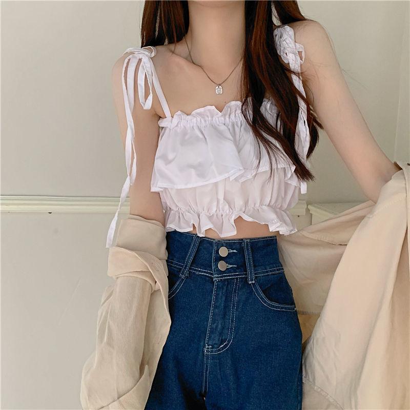 Product Introduction of Women's 2023 New Summer Tank Top with Ruffle Edge Strap Top High Waist Sleeveless Bra and Open Umbilical Top Womenswear Tube Lingerie Comfort Basic Minimalist Spaghetti Strap 14