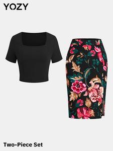 YOZY Women's Square Neck Short Sleeve Tee & Floral Print Split Thigh Skirt Two-piece Set, Elegant Fashion Casual Two Piece Outfits for Daily Outdoor Wear, Ladies Clothes for All Seasons