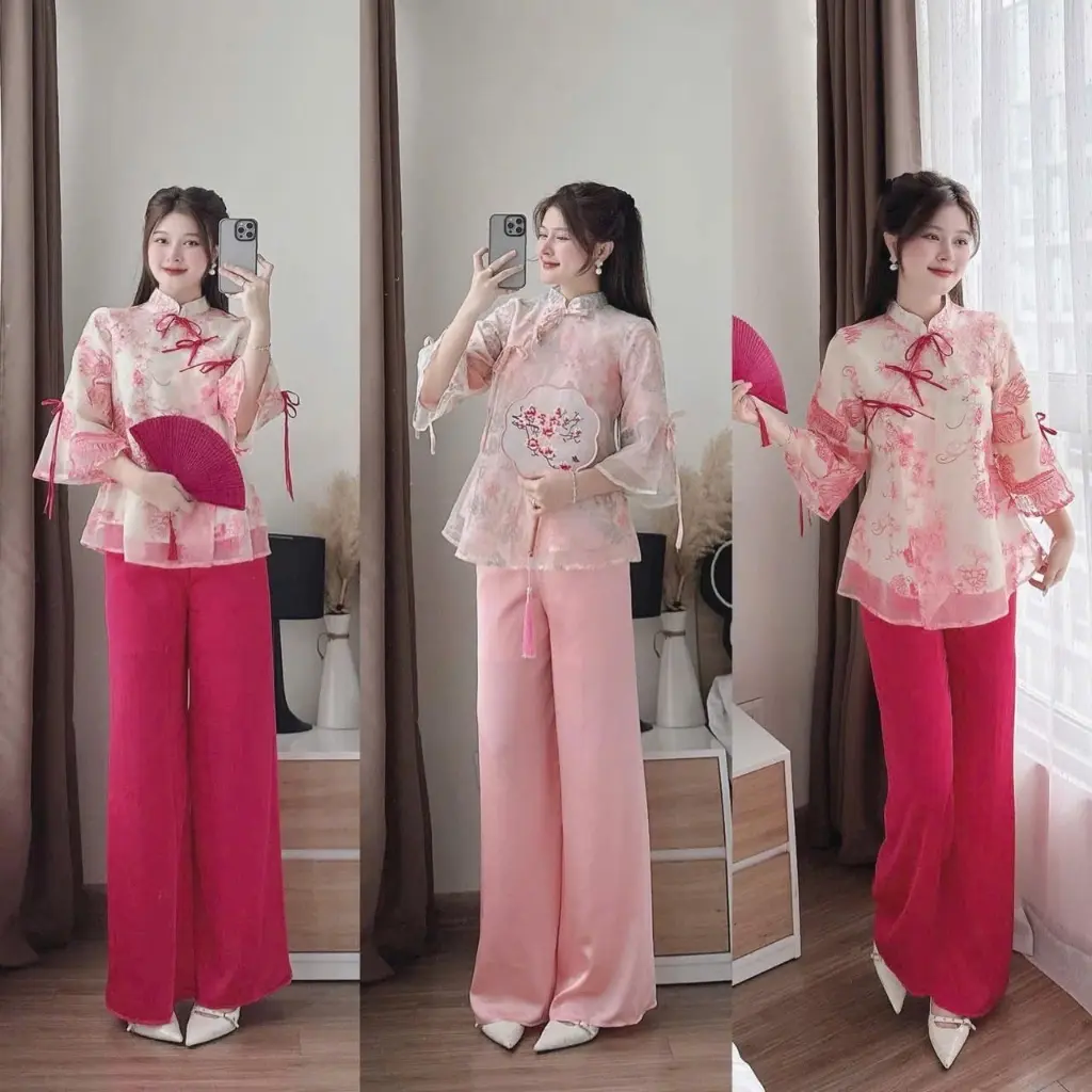Set bộ nữ áo voan In hoa tay dài loe đính nơ chéo ngực phối quần dài ống rộng chất tuyết nhung xinh đẹp lam