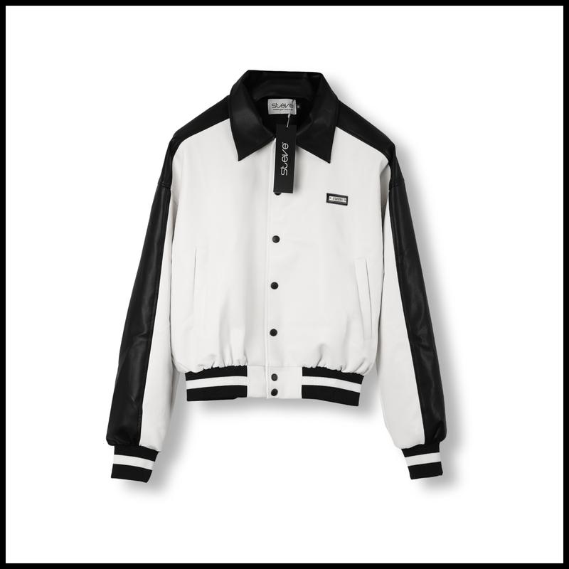 Áo khoác da basic BW nhà STEVE, Áo khoác nam Màu trắng mix đen chất liệu da PU Menswear Dài Tay Tay Dài Jean