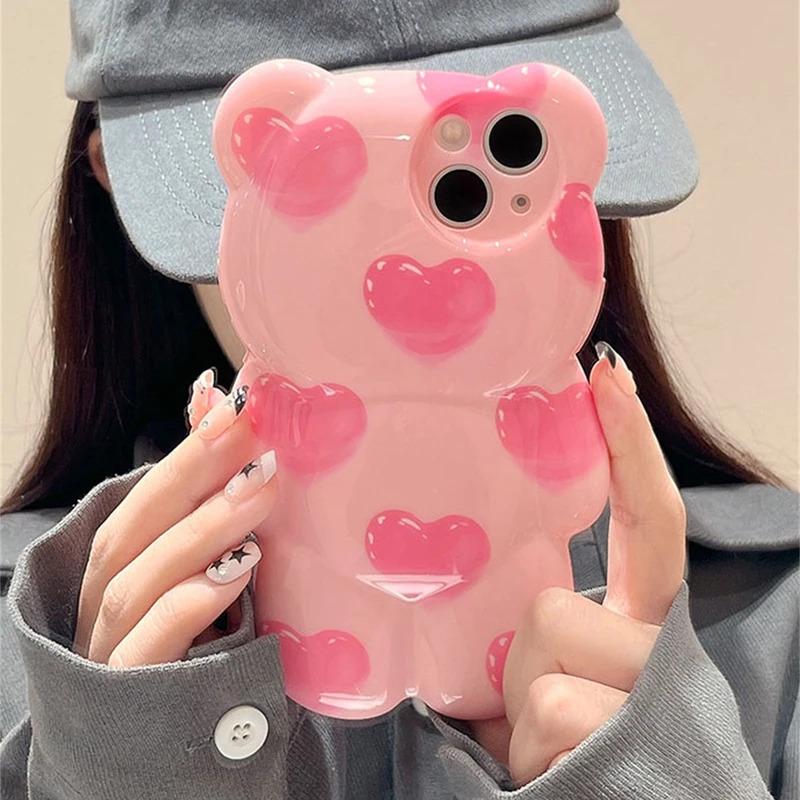 Ốp Điện Thoại Hình Gấu 3D Trái Tim Màu Hồng, Phong Cách Hàn Quốc, Dành Cho iPhone 15 14 13 12 11 Pro Max, Ốp Mềm Chống Sốc Silicon Sành Điệu, Funda 0