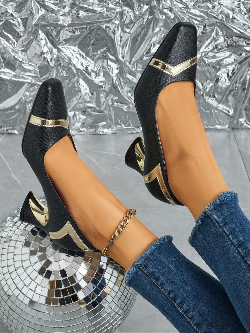 Product Introduction of Women's Fashionable Metallic Square Toe High Heel Shoes, Elegant  Slip on Shoes for Party, Daily Clothing Decor for Women & Girls 2