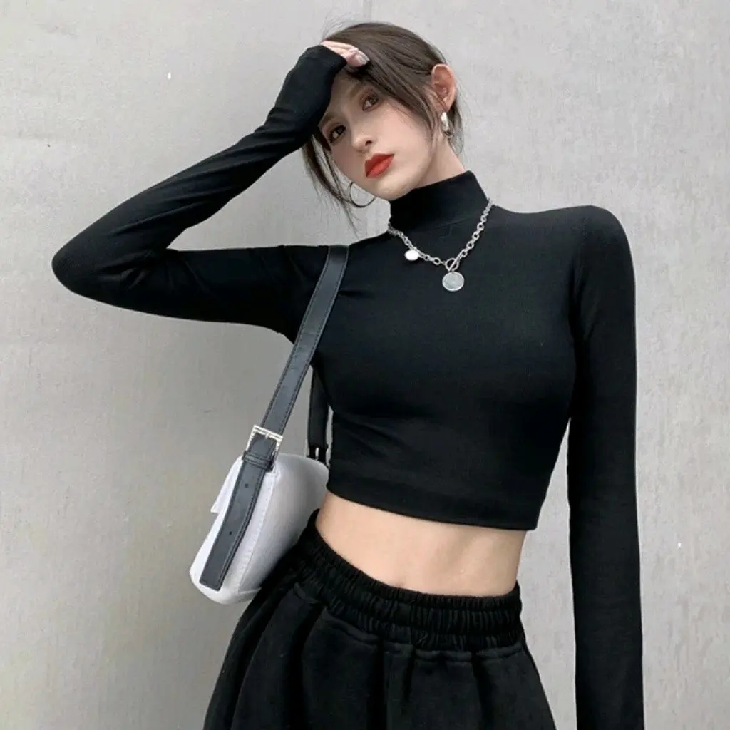 Áo giữ nhiệt cổ cao 6cm phom croptop tay dài thun gân